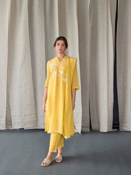 Bombay Bloom - Yellow Crinkle Applique Tencel Kurta with Pant and Dupatta (Set of 3)