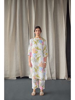 Bombay Bloom - Pure Hemp White Floral Kurta and Pant (Set of 2)