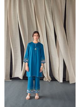 Bombay Bloom - Star Blue Medley Linen Kurta and Pant (Set of 2)