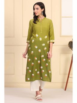 Aurelia - Women's Printed Jacquard Straight Green Cotton Blend Kurta