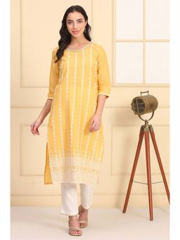 Aurelia - Women's Embroidered Straight Schiffli Pure Cotton Kurta Yellow Kurta