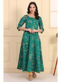 Aurelia - Women's Floral Printed Lace Embellished Anarkali Green Kurta