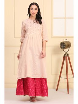 Aurelia - Women's Bead Embellished Straight Chanderi Lurex Pink Kurta