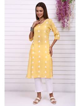 Aurelia - Women's Yellow Printed Yarn Dyed Cotton Rayon Straight Kurta