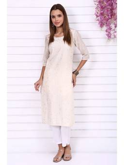 Aurelia - Women's Off-White Foil Printed Hand Work Festive Straight Kurta