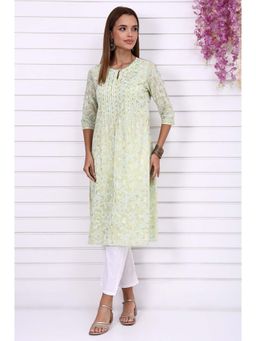 Aurelia - Women's Lime Green Foil Printed Beaded Straight Festive Kurta