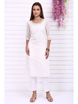 Aurelia - Women's White Foil Printed Sequined Straight Festive Kurta