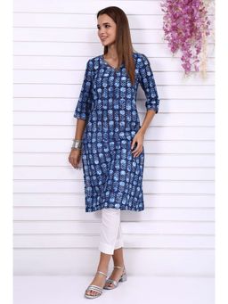 Aurelia - Women's Blue Batik Printed Pure Cotton Straight Casual Kurta