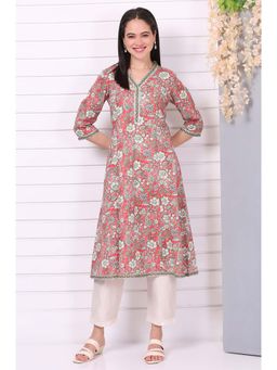 Aurelia - Women's Floral Printed Straight Pure Cotton Red Kurta