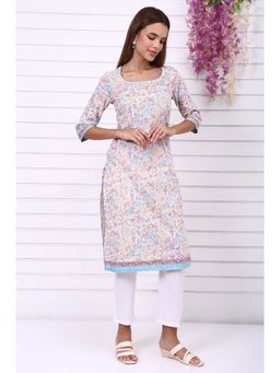 Aurelia - Women's White Floral Printed Pure Cotton Straight Kurta with Tape