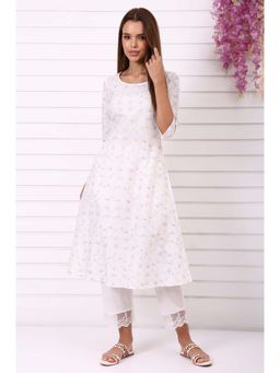 Aurelia - Women's White Thread Embroidered Pure Cotton A-Line Kurta