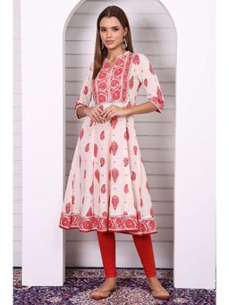 Aurelia - Women's White Printed Pure Cotton Anarkali Festive Kurta with Lace