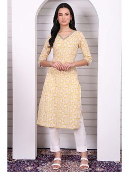 Aurelia - Women's Yellow Floral Printed Cotton Lurex Straight Kurta with Lace