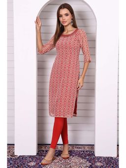 Aurelia - Women's Red Printed Georgette Straight Kurta with Embroidered Round Neck