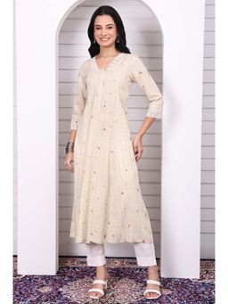 Aurelia - Women's Cream Rayon Lace V Neck A-Line Kurta