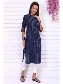 Aurelia - Women's Navy Blue Striped Printed Thread Embroidered Straight Kurta