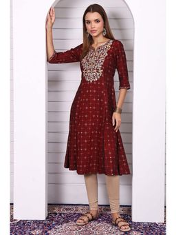 Aurelia - Women's Maroon Printed Gotta Patti A-Line Kurta