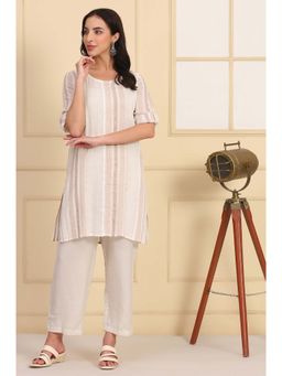 Aurelia - Women's Striped Yarn Dyed Straight Dobby Beige Kurta