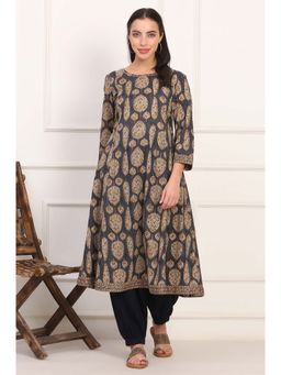 Folksong - Women's Floral Printed Mirror Work Pure Cotton Flared Kurta