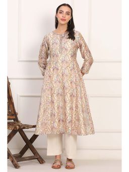 Folksong - Women's Cream Floral Printed Metallic Embroidery Cotton Silk Kurta