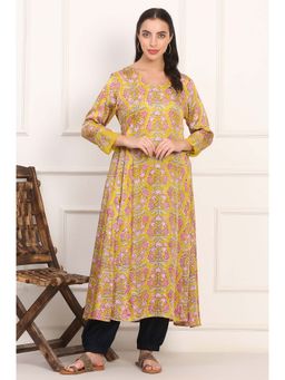 Folksong - Women's Yellow Floral Printed Mirror Work Modal Satin Anarkali Kurta
