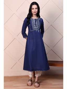 Folksong - Women's Blue Aari Embroidered Yoke Pure Cotton Flared Kurta