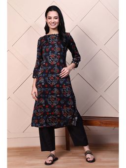Folksong - Women's Black Ajrakh Printed Satin A-Line Kurta with Thread Embroidery