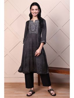 Folksong - Women's Black Polka Printed Satin A-Line Kurta with Thread Embroidery