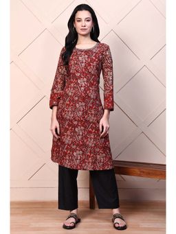 Folksong - Women's Red Kalamkari Printed Pure Cotton Straight Casual Kurta