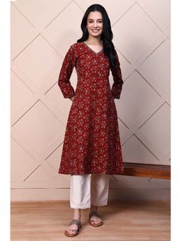 Folksong - Women's Red Kalamkari Printed Pure Cotton A-Line Casual Kurta