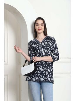 Rajnandini - Women's Black and White Cotton Floral Printed Kurti