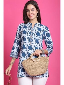Rajnandini - Women's Teal Blue and White Pure Cotton Floral Printed Kurti