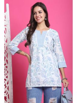 Rajnandini - Women's White and Sky Blue Pure Cotton Floral Printed Kurti