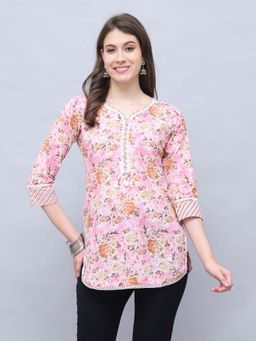Rajnandini - Women's Light Pink Pure Cotton Floral Printed Kurti