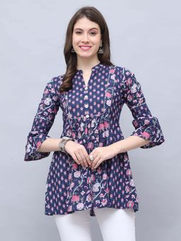 Rajnandini - Women's Navy Blue Pure Cotton Floral Printed Kurti