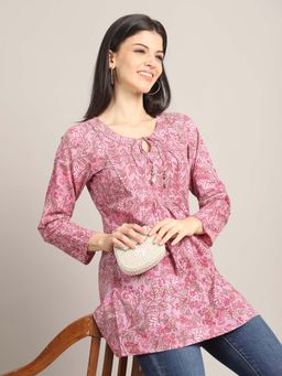 Rajnandini - Women's Light Purple and Pink Pure Cotton Floral Printed Kurti