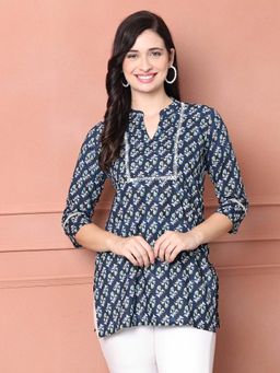 Rajnandini - Women's Navy Blue Pure Cotton Floral Printed Kurti