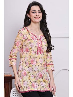 Rajnandini - Women's Light Yellow and Light Pink Cotton Floral Printed Kurti