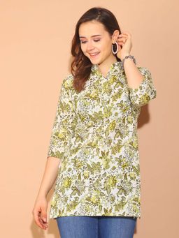 Rajnandini - Women's White and Mehendi Green Pure Cotton Floral Printed Kurti