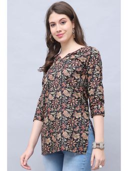 Rajnandini - Women's Black and Beige Cotton Blend Floral Printed Kurti