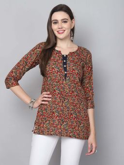 Rajnandini - Women's Maroon and Blue Cotton Blend Floral Printed Kurti