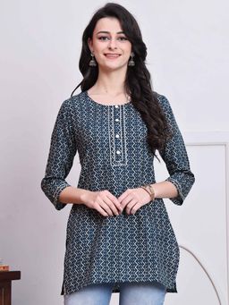 Rajnandini - Women's Teal and Beige Cotton Zig-Zag Printed Kurti