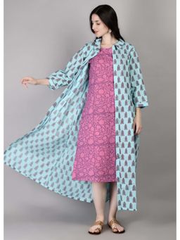 Palash - Blue & Pink Block Printed Layered Dress with Jacket (Set of 2)