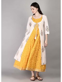Palash - Yellow & White Block Printed Layered Dress with Jacket (Set of 2)