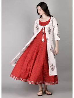 Palash - Red & White Block Printed Cotton Layered Dress with Jacket (Set of 2)
