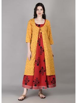 Palash - Red & Yellow Block Printed Layered Dress with Jacket (Set of 2)