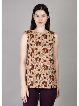Palash - Beige Block Printed Cotton Sleeveless Top