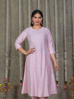 ARAMYA - Romen Silk A-Line Gold Foil Print Kurta