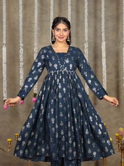 ARAMYA - Romen Silk Anarkali Gold Foil Print Kurta