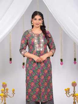 ARAMYA - Soft Cotton Straight Floral Print Kurta